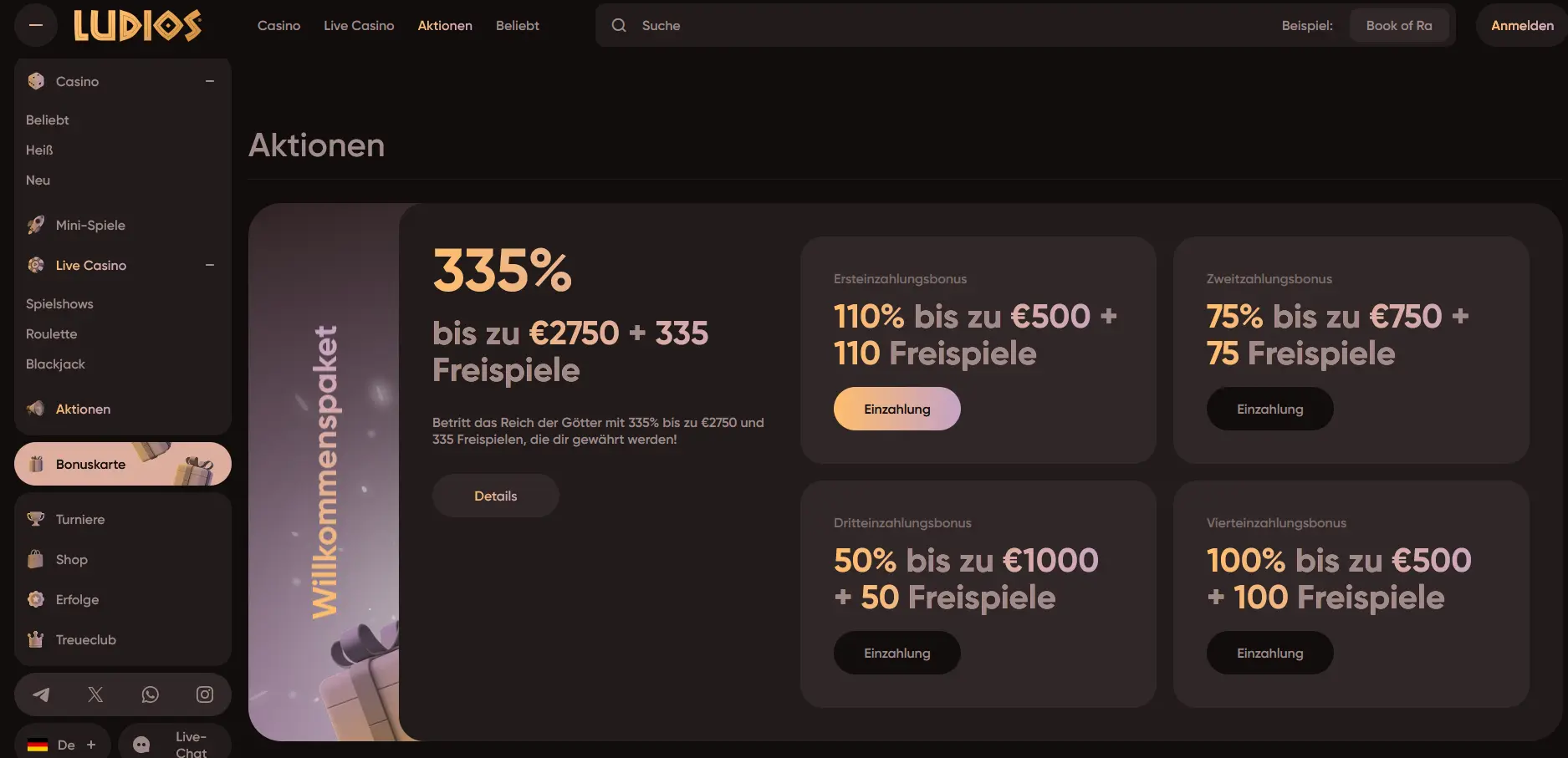 Bonusübersicht und Willkommenspaket im Ludios Casino