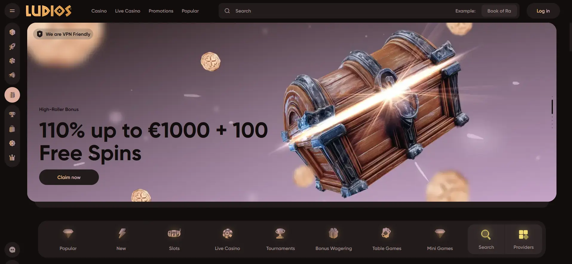 Spiellobby von Ludios Casino mit Kategorien und Suchfunktion